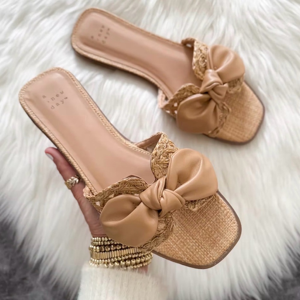 Tan Bow Slide Sandals